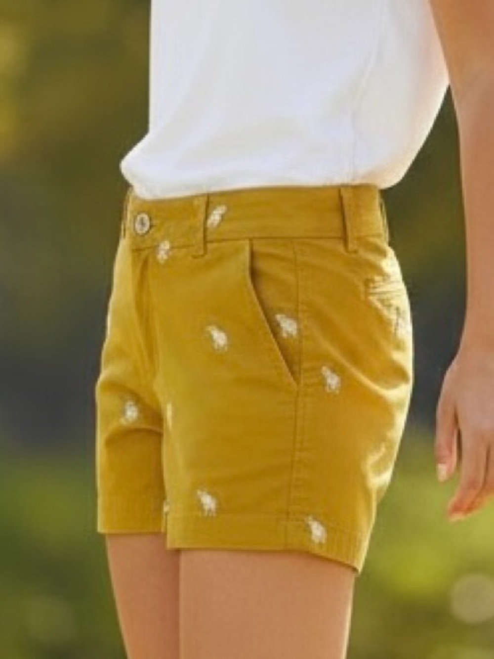 J. Crew City Fit Mustard Yellow Embroidered Elephant Chino Shorts